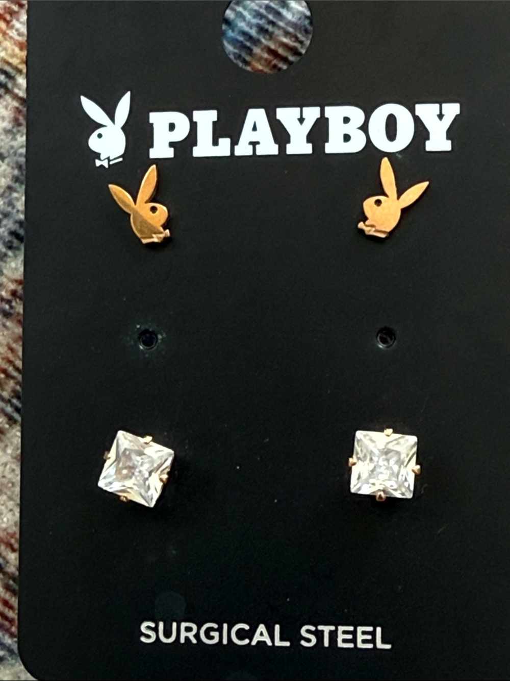 Playboy Bunny Goldtone Earrings & Clear Stone Stud Earring Set New Steel
